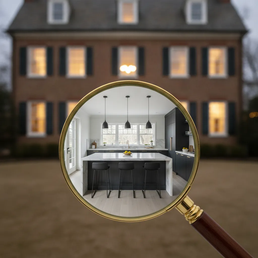 A brick home at dusk under a magnifying glass, a modern kitchen visible in the lens.